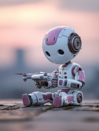 A small, adorable robot with pink and white colors sits on a ledge, holding a drone, while the sun sets in the background, creating a serene scene.の素材