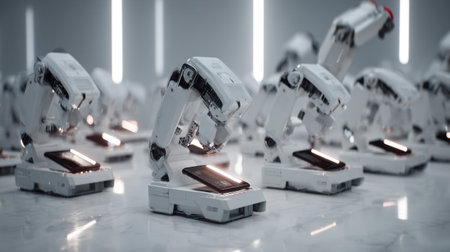 Robotic arms efficiently assemble devices in a modern factory setting with bright lights and a polished floor.の素材