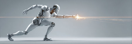 A sleek robot is captured mid-action, aiming a laser while exuding a futuristic aesthetic in a minimalistic environment.の素材