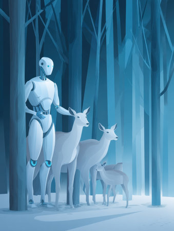 A humanoid robot stands beside a group of white-tailed deer in a tranquil snow-covered forest at dusk.の素材