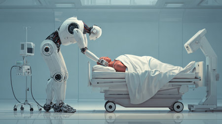A humanoid robot cares for a hospital patient amid cutting-edge medical devices, highlighting advanced healthcare technology.の素材