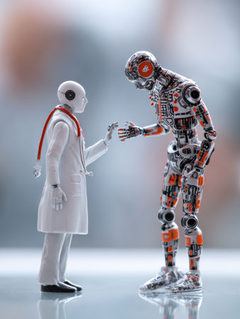 A doctor figurine converses with a robotic figure in a modern environment, illustrating the blend of medicine and technology.の素材