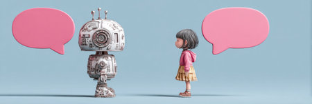 A girl stands facing a robot, both engaged in a conversation, with colorful speech bubbles overhead in a playful, pastel environment.の素材