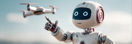 A friendly robot points at a small drone flying nearby on a clear day, showing advanced technology in a sunny environment.の素材
