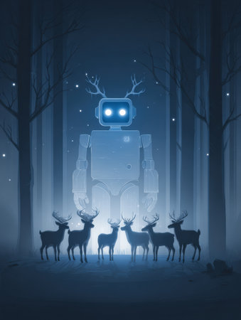 A large robot with antlers stands illuminated in a dim forest as several deer gather nearby under a foggy, starlit sky.の素材