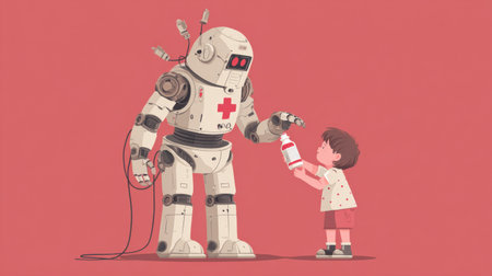A friendly robot helps a young boy by handing him a drink in a colorful, enchanting setting filled with warmth and curiosity.の素材