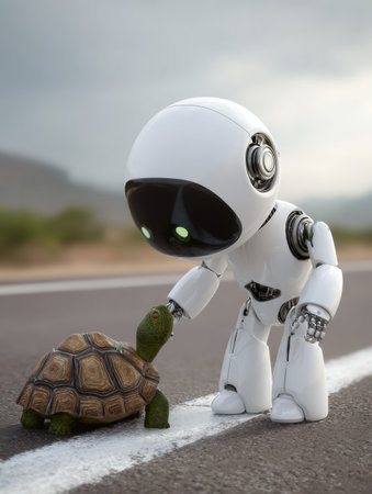A small robot gently touches a turtle on a quiet road, highlighting a peaceful interaction between technology and nature.の素材