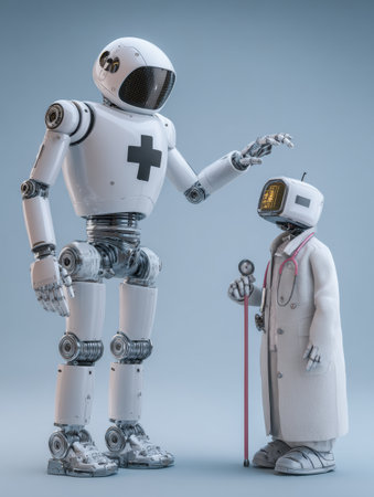 Two robots are depicted in a healthcare environment, with the taller robot resembling a doctor and the smaller one appearing as a medical assistant.の素材