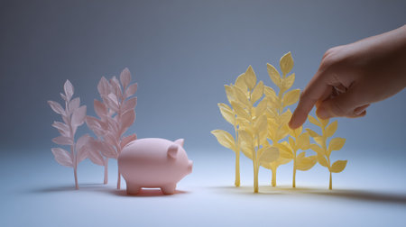 A pink piggy bank stands beside vibrant yellow leaves while a hand points towards the greenery, symbolizing creativity and growth.の素材