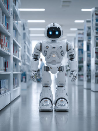 A friendly robot stands in a modern library aisle, surrounded by books and advanced technology, ready to assist visitors in their search.の素材