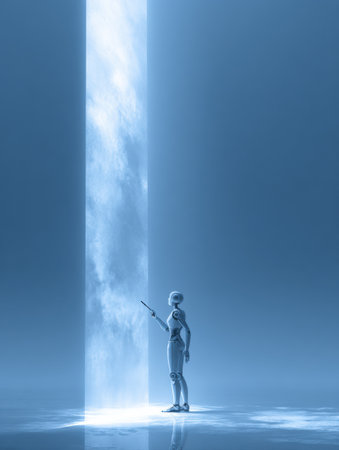 A robot stands in a surreal environment, pointing at a bright beam of light that resembles a portal, evoking curiosity and wonder.の素材