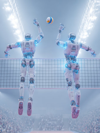 Two humanoid robots leap to intercept a volleyball above a net in a packed stadium, showing their agility and precision in a lively competition.の素材