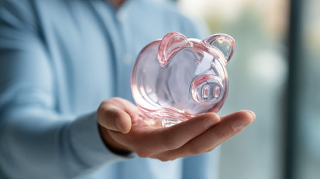 A person holds a clear piggy bank in their palm, representing the importance of saving and financial management in a contemporary workspace.の素材
