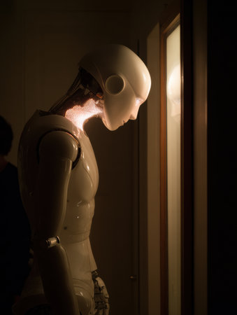 A futuristic robot stands quietly, illuminated by soft light, exhibiting detailed craftsmanship in a shadowy environment.の素材