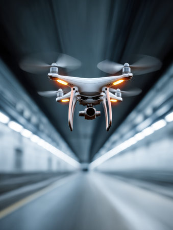 A drone navigates a tunnel with spinning propellers dimly lit, showcasing sleek design and advanced technology while on a mission.の素材