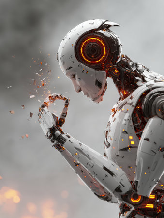 A detailed robot stands in reflection, facing the ground, with swirling particles in a futuristic environment.の素材