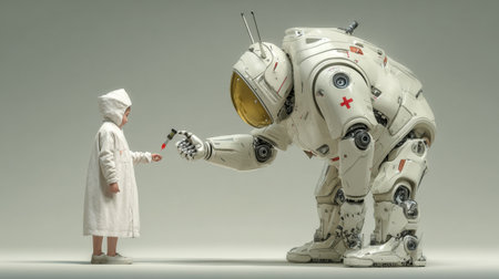 A young child in a white outfit interacts with a large humanoid robot, which is offering a vial, in a bright, futuristic environment.の素材