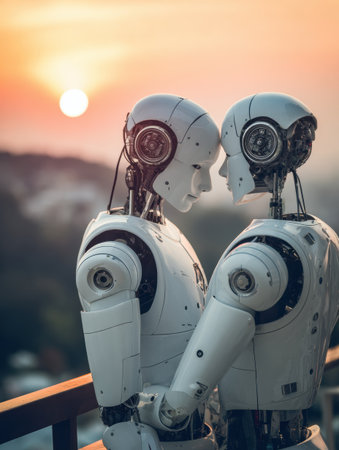 Two humanoid robots stand close together, their metallic features highlighted by a colorful sunset in the background, creating a serene moment.の素材