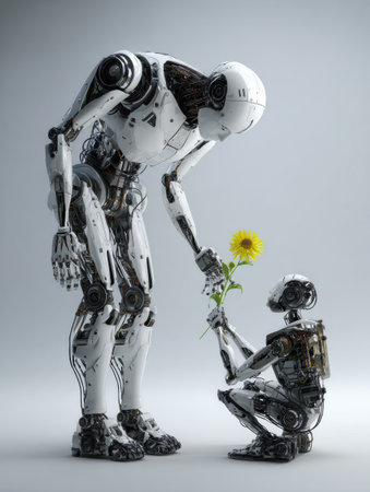 Two robots are depicted in a tender moment, with a larger robot handing a flower to a smaller one, set against a neutral background.の素材