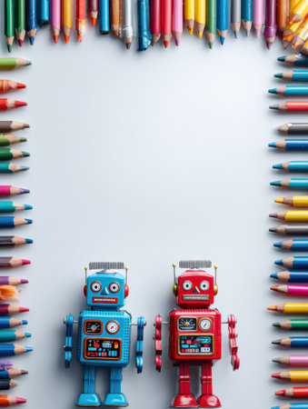 Two vintage toy robots sit in the center, framed by vibrant crayons in various colors against a white background.の素材
