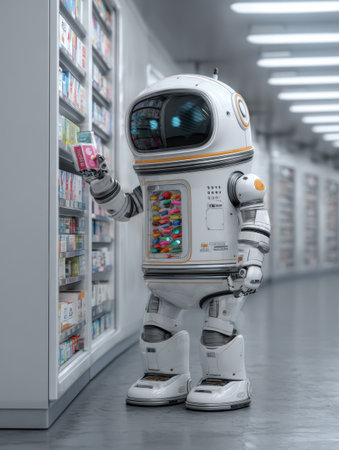 A robotic figure browses the shelves of a modern convenience store filled with colorful snacks in a well-lit aisle.の素材