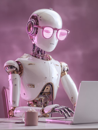 A futuristic robot wearing stylish sunglasses focuses on a laptop in a sleek workspace, illuminated by a soft pink background.の素材