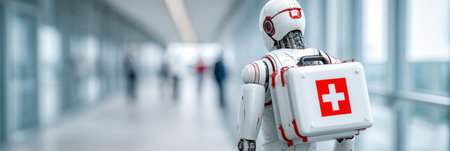 A robotic medical assistant with a first aid kit travels through a high-tech hospital corridor, ready to assist patients.の素材