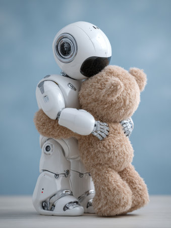 In a serene setting, a robot hugs a fluffy teddy bear, symbolizing connection and affection between technology and innocence.の素材