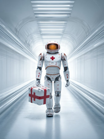 Robot medic traverses a bright, modern hallway, ready to assist with medical tasks in a high-tech environment.の素材