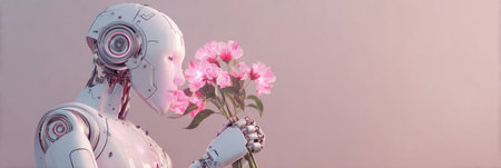 A robot gently holds a bouquet of pink flowers, showing a blend of technology and nature in a calming environment.の素材