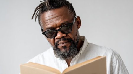 A man with curly hair and a beard is focused on reading a book inside a simple room filled with natural light.の素材