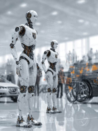 Two humanoid robots stand in a modern exhibition space filled with people and futuristic cars, showing technological advancements.の素材