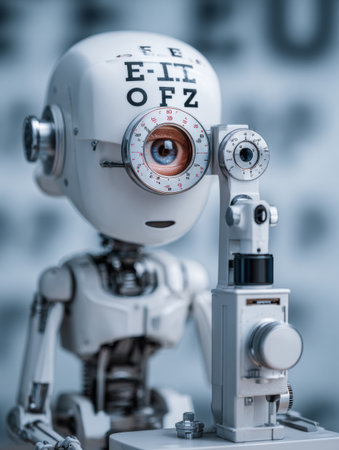 A futuristic robot is performing an eye examination, showing advanced optical instruments and intricate design elements.の素材