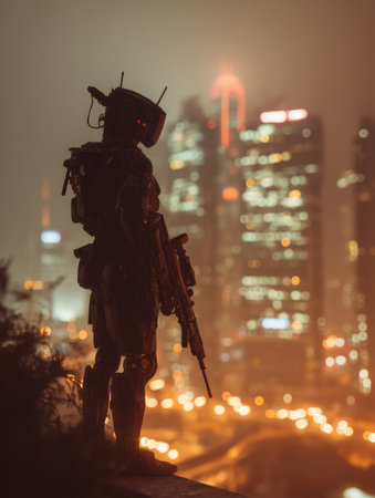 A robotic figure is seen on a rooftop, gazing at a city skyline filled with bright lights and tall buildings under a foggy night sky.の素材