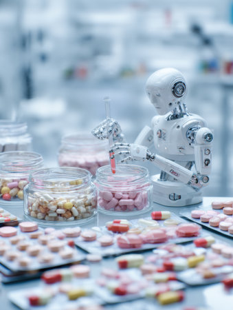 A robot meticulously sorts various pills and capsules in a well-lit laboratory setting, showing advanced technology and organization.の素材