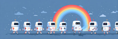 A group of cheerful robots strolls together in a line beneath a bright rainbow, set against a deep blue sky dotted with stars.の素材
