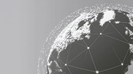 Globe surface displaying continents and network connections, illustrating global interconnectivity and technology in a sleek representation.の素材