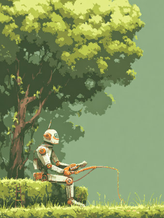 A robot relaxes while fishing in a serene green setting, surrounded by a lush tree and peaceful nature, showcasing a tranquil atmosphere.の素材