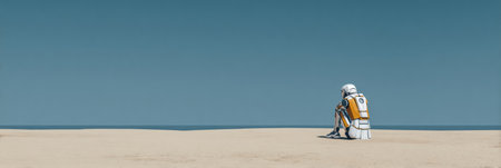 A robotic figure rests on a sandy beach, looking out at the peaceful ocean. The clear blue sky enhances the serene atmosphere.の素材
