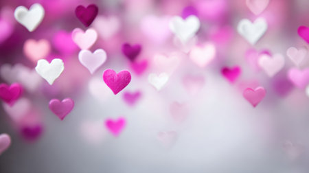 Soft pink and white hearts float gently in a blurred backdrop, ideal for conveying love and joy at special occasions.の素材