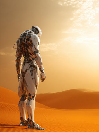 A robotic figure gazes at the horizon in a stark desert setting, the warm light casting long shadows over the sand dunes.の素材