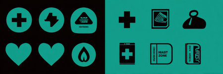 Collection of user interface icons displaying healthcare, energy, safety, and communication symbols in modern design.の素材