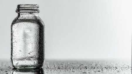 A glass jar of water on a smooth surface glistens with droplets, giving a refreshing appearance.の素材