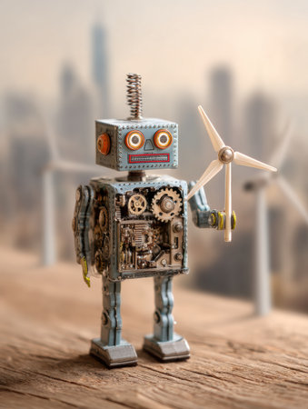 A small robot stands on a wooden surface, holding a wind turbine model while city buildings loom in the background during dusk.の素材