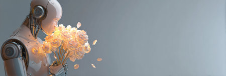 A robotic figure gently holds a bouquet of glowing flowers, surrounded by a soft, minimalistic backdrop during twilight.の素材