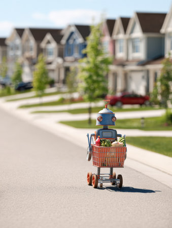 A small robot is seen pushing a shopping cart filled with vegetables along a peaceful suburban street. Houses line the road under bright blue skies.の素材