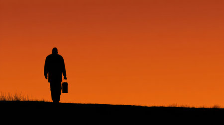 A solitary figure walks along a hill at sunset, holding a container, surrounded by a vibrant orange sky.の素材