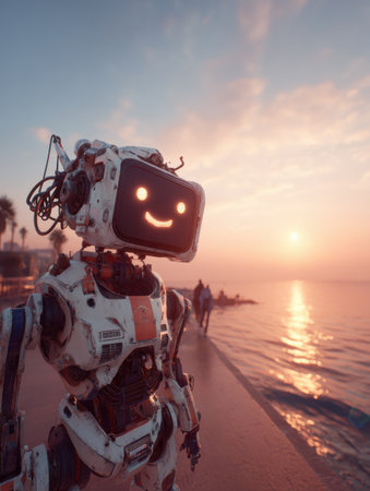 A cheerful robot stands by the water, watching a vibrant sunset as people walk along the shore. The scene captures joy and technology.の素材