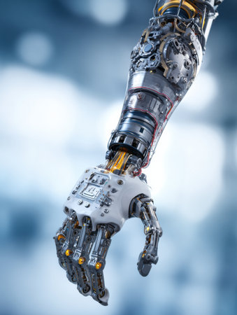Detailed look at a robotic arm displaying complex components and high-tech engineering in a futuristic setting.の素材