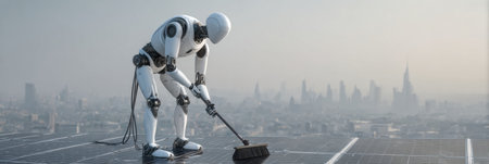 A robot performs maintenance on solar panels atop a city building during the early morning, showing futuristic technology and clean energy.の素材